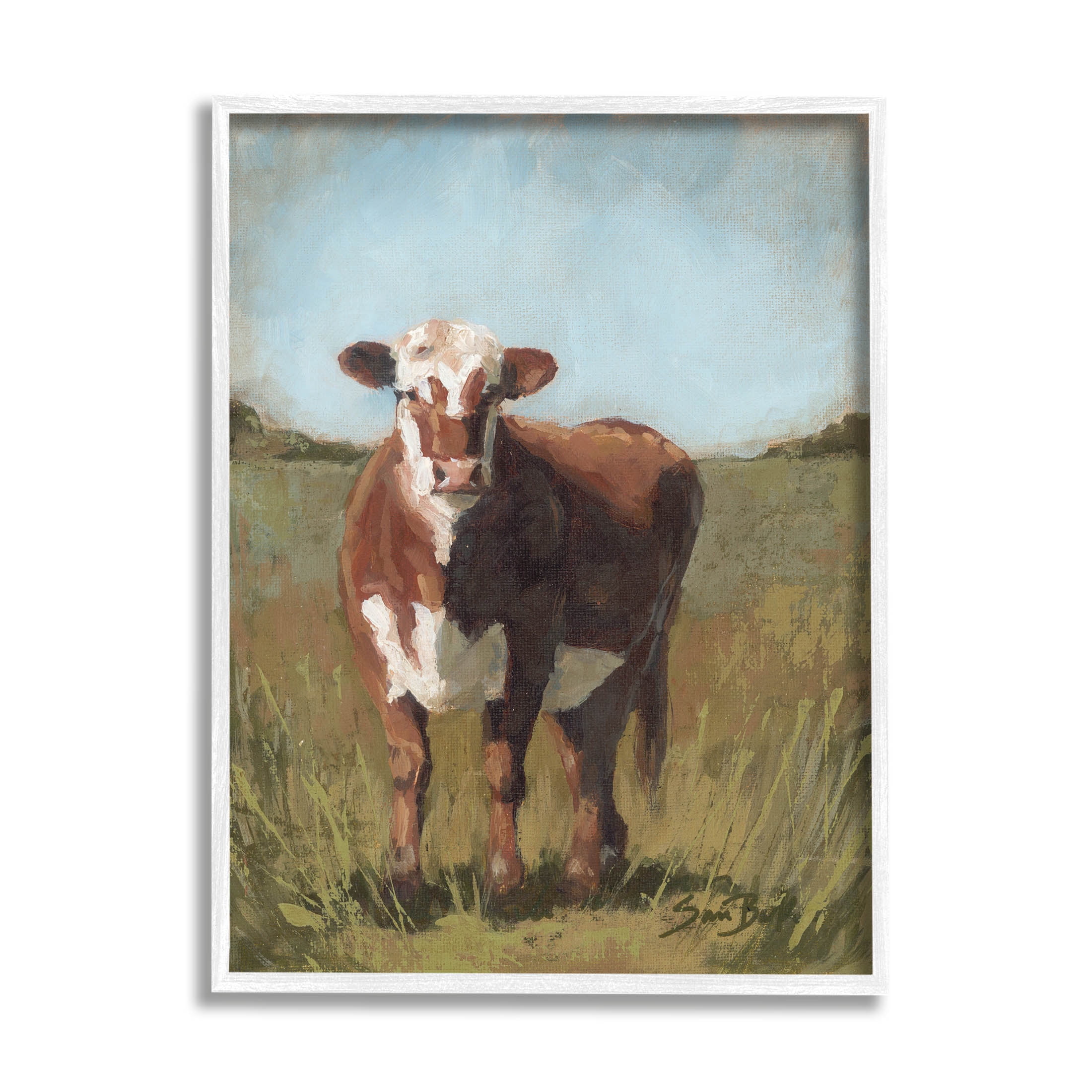 Cattle Vast Countryside Field Animals & Insects Painting White Framed Art Print Wall Art