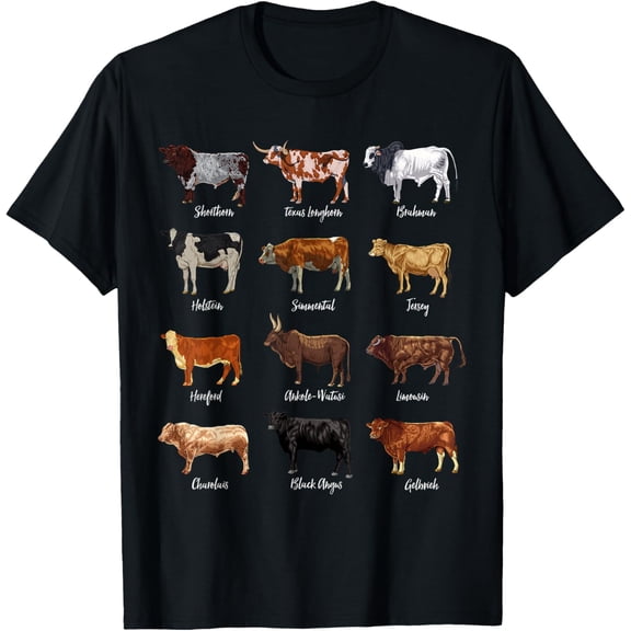 Cattle drawings - types of cows T-ShirtMen and women, Black T-shirt, size: Extra large