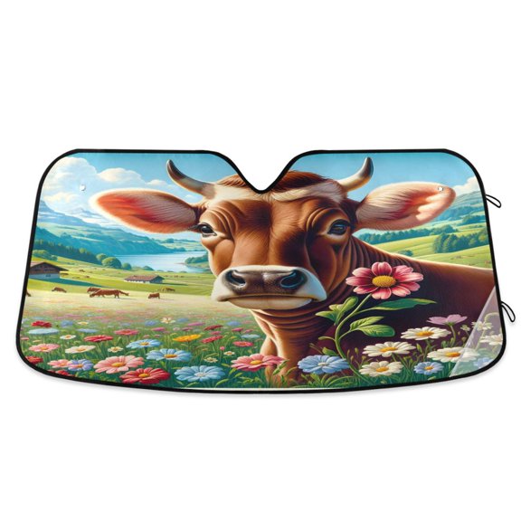 Cattle in Lawn and Flower Car Windshield Sun Shade Foldable Car Front Window Visor Heat and UV Protection 53x23.5