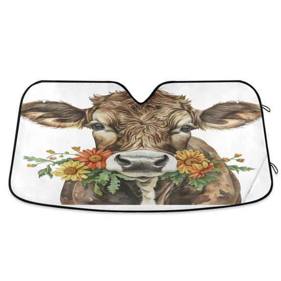 Cattle with Daisies Car Windshield Sun Shade Foldable Car Front Window Visor Heat and UV Protection 55x27.6