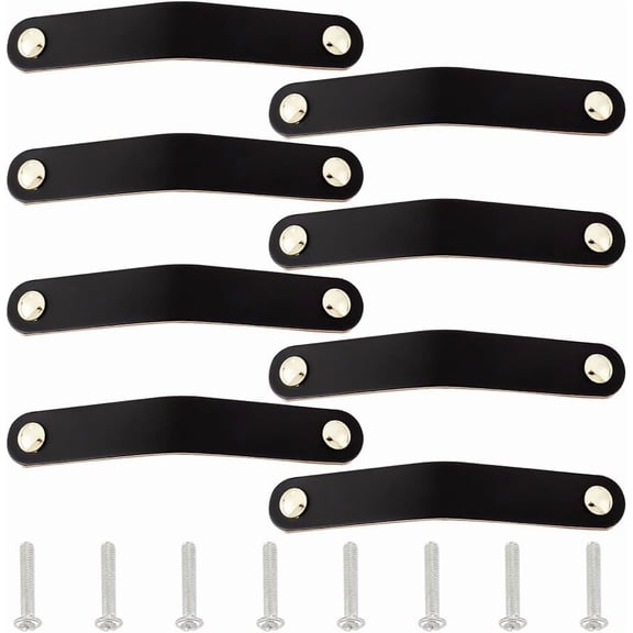 Cattlehide Cabinet Door Drawer Handle Strap with Screws Black 16.8x2.5x0.35cm