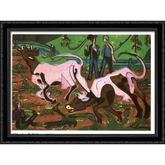 Cattles in the Spring 38x28 Large Black Ornate Wood Framed Canvas Art by Ernst Ludwig Kirchner