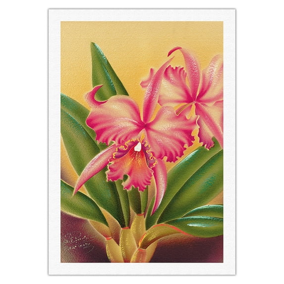 Cattleya Orchid Hawai’i - The Queen of Orchids - Vintage Hawaiian Airbrush Art by Frank Oda (Hale Pua Studio) c.1940s - Fine Art Rolled Canvas Print 27in x 40in