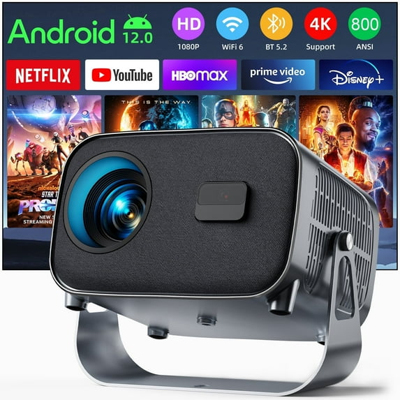 Smart Projector, Native 1080P with 4K Support, WiFi Bluetooth, Auto Focus, Keystone Correction, 360° Stand, 300'' Display for Home Theater