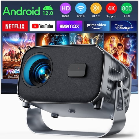 Smart Projector, Native 1080P with 4K Support, WiFi Bluetooth, Auto Focus, Keystone Correction, 360 Stand, 300'' Display for Home Theater