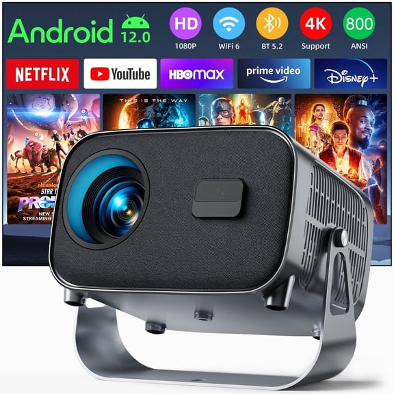 Smart Projector, Native 1080P with 4K Support, WiFi Bluetooth, Auto Focus, Keystone Correction, 360 Stand, 300'' Display for Home Theater