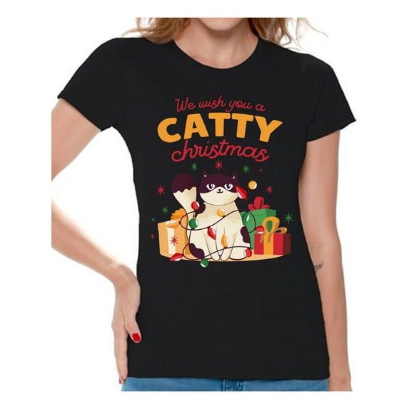 Catty Christmas Women Shirt Xmas Gifts for Her Cat Women's Tee Happy Holidays Merry Xmas T-Shirt