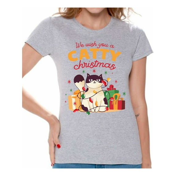 Catty Christmas Women Shirt Xmas Gifts for Her Cat Women's Tee Happy Holidays Merry Xmas T-Shirt