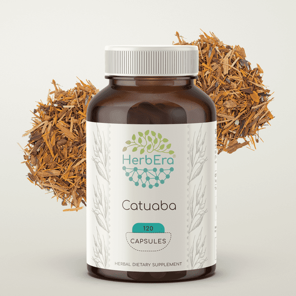 HerbEra Catuaba Capsules, Herbal Dietary Supplement for Libido Support, Catuaba (Trichilia catigua, Erythroxylum vacciniifolium) Dried Bark Capsules, Natural, 120 Capsules