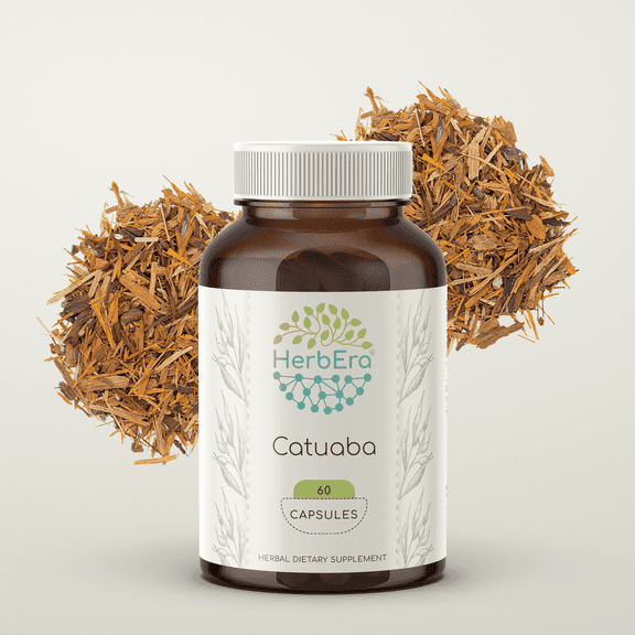 HerbEra Catuaba Capsules, Herbal Dietary Supplement for Libido Support, Catuaba (Trichilia catigua, Erythroxylum vacciniifolium) Dried Bark Capsules, Natural, 60 Capsules