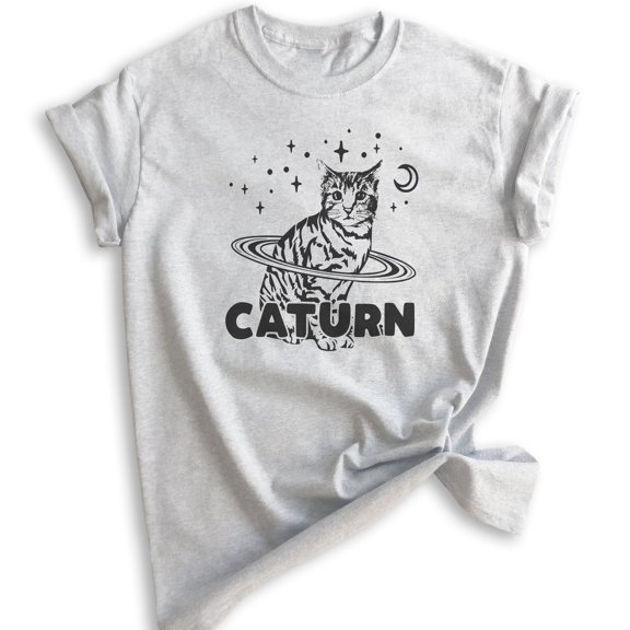 Caturn Shirt, Unisex Women's Men's Shirt, Cat T-shirt, Kitten Shirt, Cat Lover Shirt, Heather Ash, X-Large