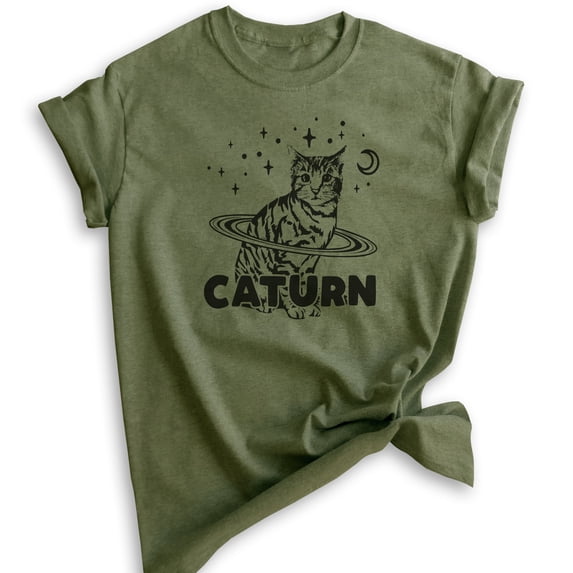 Caturn Shirt, Unisex Women's Men's Shirt, Cat T-shirt, Kitten Shirt, Cat Lover Shirt, Heather Military Green, Large