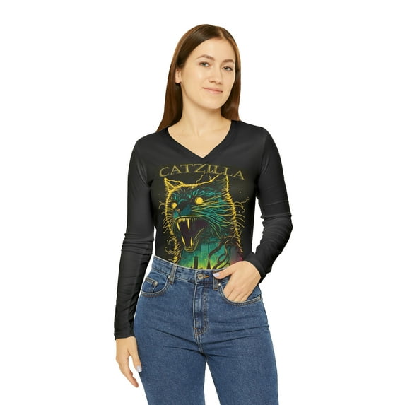 Catzilla Animation fascinating design Women's Long Sleeve V-neck Shirt