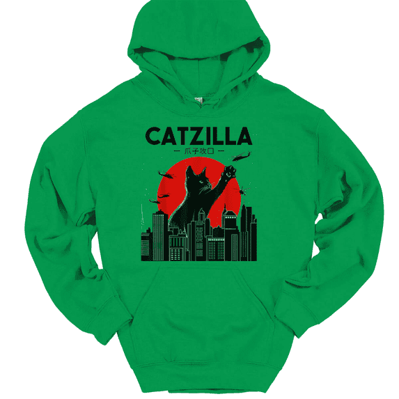 Catzilla Cat Hooded Sweatshirt Hoodie Funny Kitten Animal - Green, XL