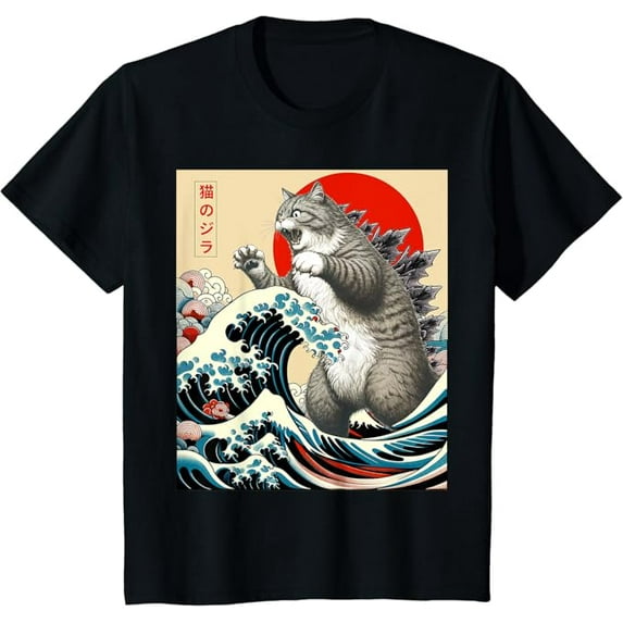 Catzilla Cat Japanese Art Funny Cat Gifts For Boy Girl Kids Toddler Youth T-Shirt, Black Color, Size XL