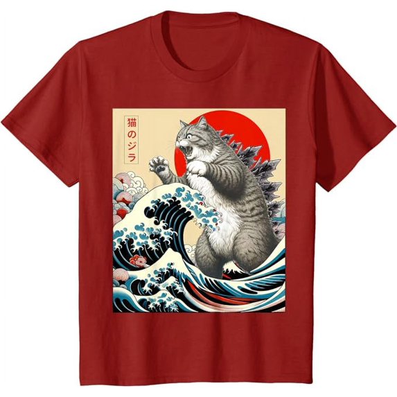 Catzilla Cat Japanese Art Funny Cat Gifts For Boy Girl Kids Toddler Youth T-Shirt, Cranberry Red Color, Size XL