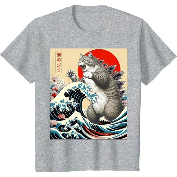 Catzilla Cat Japanese Art Funny Cat Gifts For Boy Girl Kids Toddler Youth T-Shirt, Grey Color, Size S