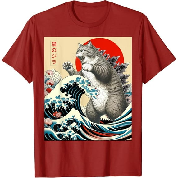 Catzilla Cat Japanese Art Funny Cat Gifts For Men Women T-Shirt, Cranberry Red Color, Size 4XL
