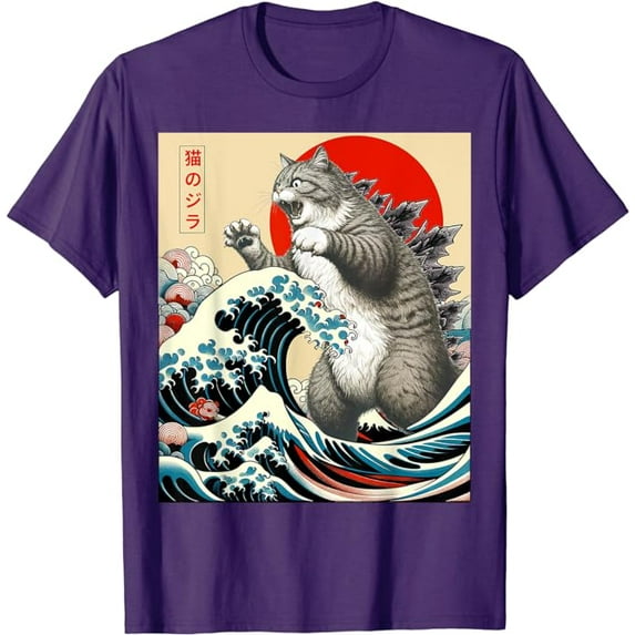 Catzilla Cat Japanese Art Funny Cat Gifts For Men Women T-Shirt, Purple Color, Size XL