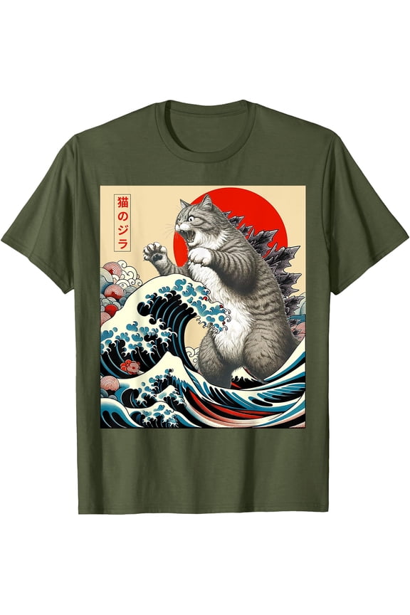 Catzilla Cat Japanese Art Funny Cat Gifts Unisex T-Shirt for Men Women Kids Toddler,Military Green Color,Size XL