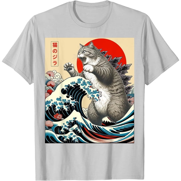 Catzilla Cat Japanese Art Funny Kitten Gifts Unisex T-Shirt for Men Women Kids Toddler,Ice Grey Color,Size L