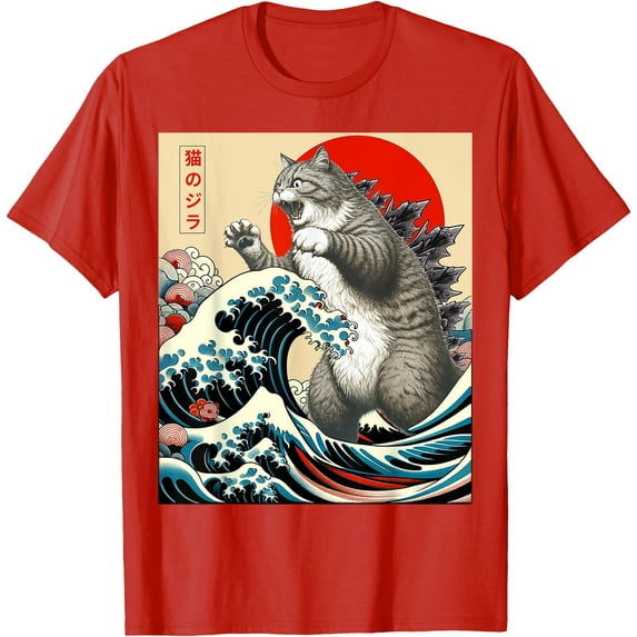 Catzilla Cat Japanese Art Funny Kitten Gifts Unisex T-Shirt for Men Women Kids Toddler,Red Color,Size YXS