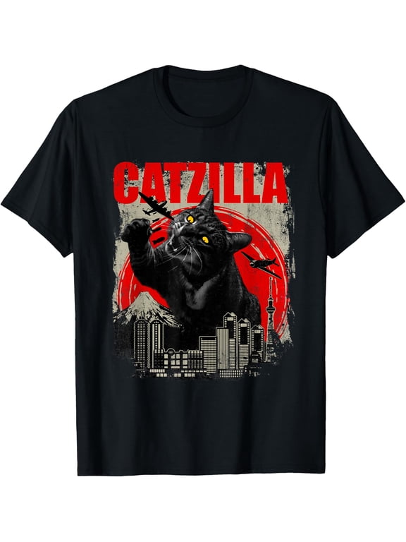 Catzilla Funny Cat Lover T-Shirt, Giant Black Cat City Attack Graphic Tee, Kitten Kitty Humorous Short Sleeve Top, Casual Animal Lover Gift Shirt