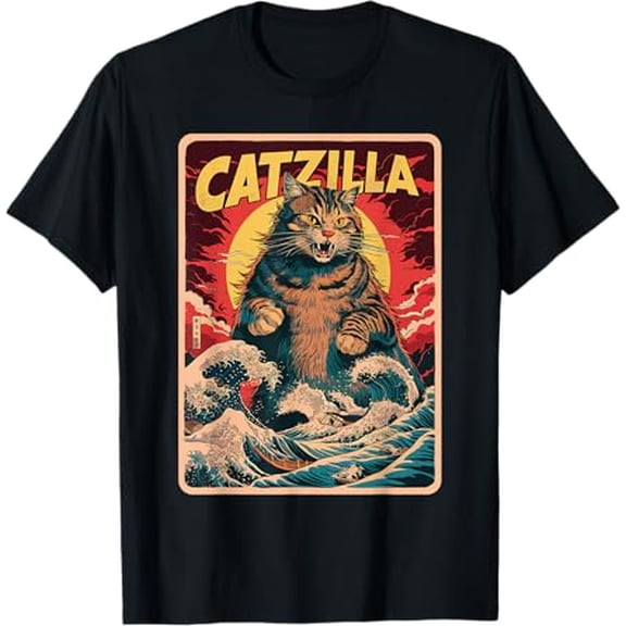 Catzilla Japanese Art Funny Cat Vintage Graphic T-Shirt