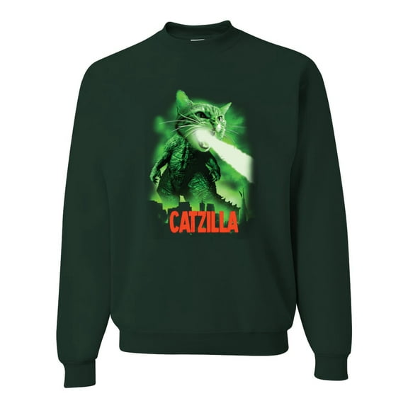 Catzilla Parody Taking Over City | Mens Cat Lover Crewneck Graphic Sweatshirt, Forest Green, Large