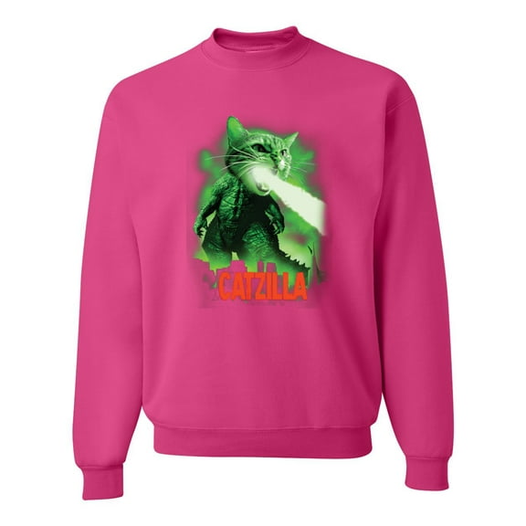 Catzilla Parody Taking Over City | Mens Cat Lover Crewneck Graphic Sweatshirt, Fuschia, 3XL