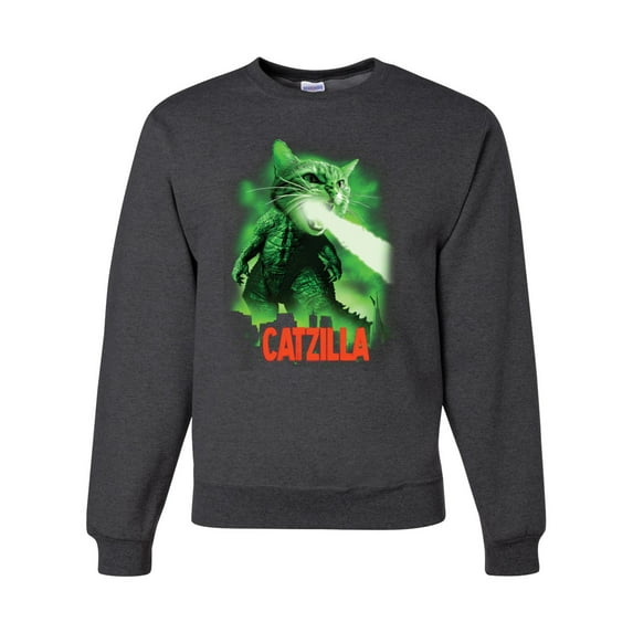 Catzilla Parody Taking Over City | Mens Cat Lover Crewneck Graphic Sweatshirt, Heather Black, X-Large