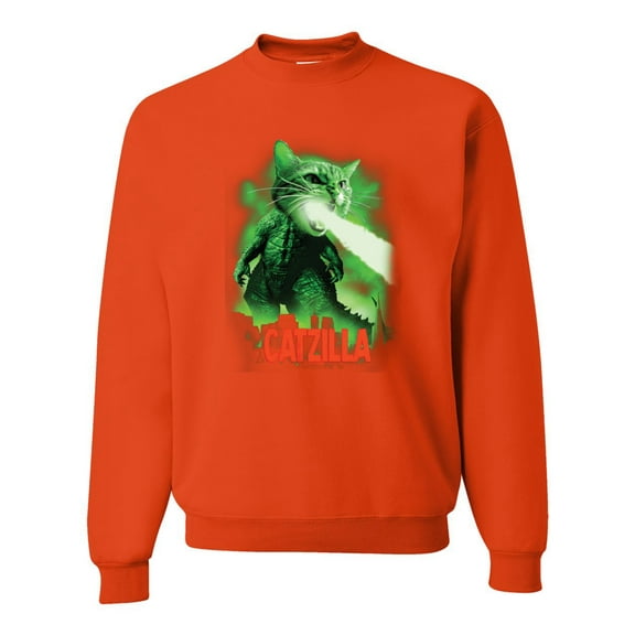 Catzilla Parody Taking Over City | Mens Cat Lover Crewneck Graphic Sweatshirt, Orange, X-Large