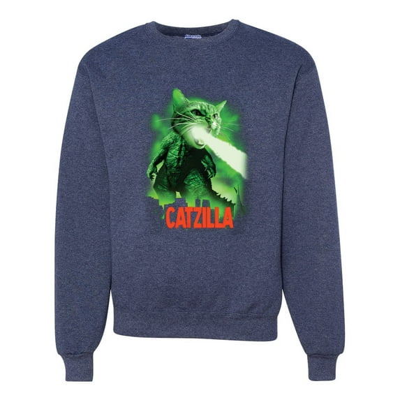 Catzilla Parody Taking Over City | Mens Cat Lover Crewneck Graphic Sweatshirt, Vintage Heather Navy, X-Large