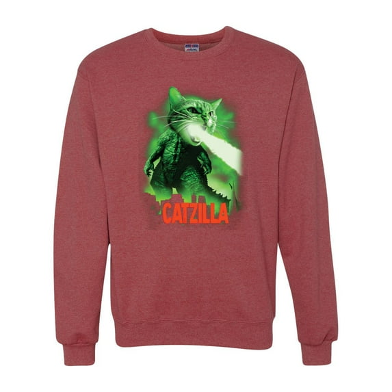 Catzilla Parody Taking Over City | Mens Cat Lover Crewneck Graphic Sweatshirt, Vintage Heather Red, Large