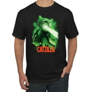 Catzilla Parody Taking Over City | Mens Cat Lover Graphic T-Shirt, Black, Small