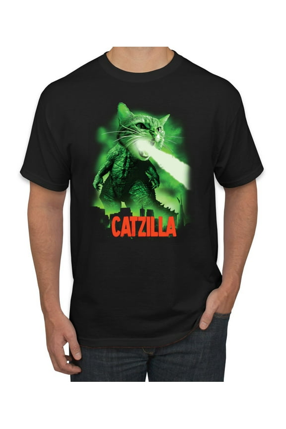 Catzilla Parody Taking Over City | Mens Cat Lover Graphic T-Shirt, Black, Small