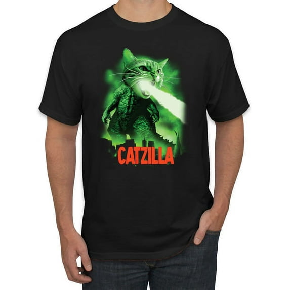 Catzilla Parody Taking Over City Mens Cat Lover Graphic T-Shirt, Black