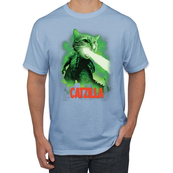 Catzilla Parody Taking Over City | Mens Cat Lover Graphic T-Shirt, Light Blue, Medium