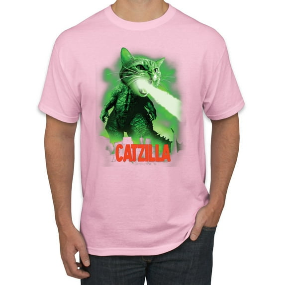 Catzilla Parody Taking Over City | Mens Cat Lover Graphic T-Shirt, Light Pink, Small
