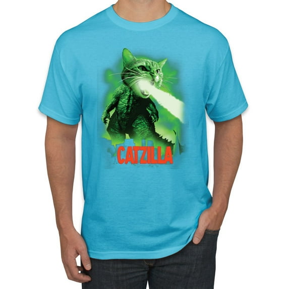 Catzilla Parody Taking Over City | Mens Cat Lover Graphic T-Shirt, Light Turquoise, Medium