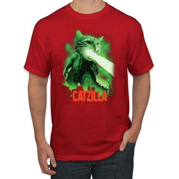 Catzilla Parody Taking Over City | Mens Cat Lover Graphic T-Shirt, Red, 3XL