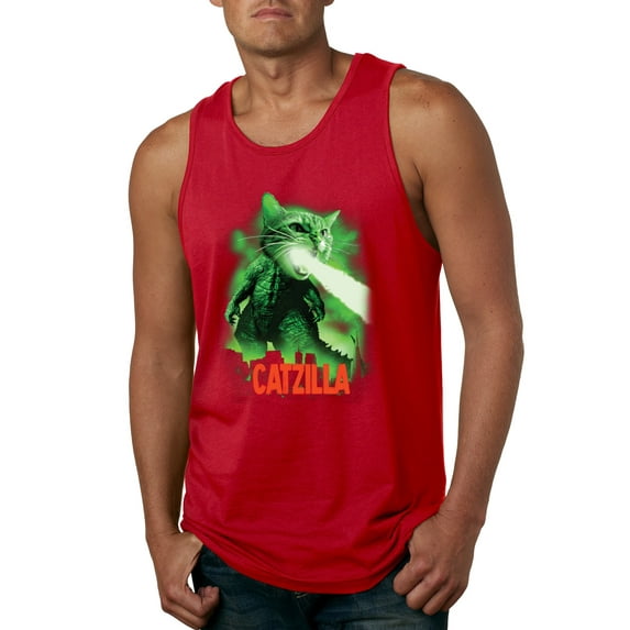 Catzilla Parody Taking Over City | Mens Cat Lover Graphic Tank Top, Red, Large