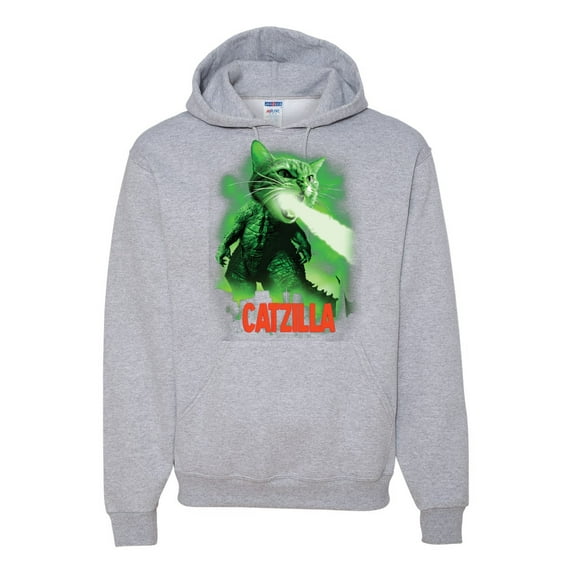 Catzilla Parody Taking Over City | Mens Cat Lover Hooded Sweatshirt Graphic Hoodie, Heather Grey, 2XL