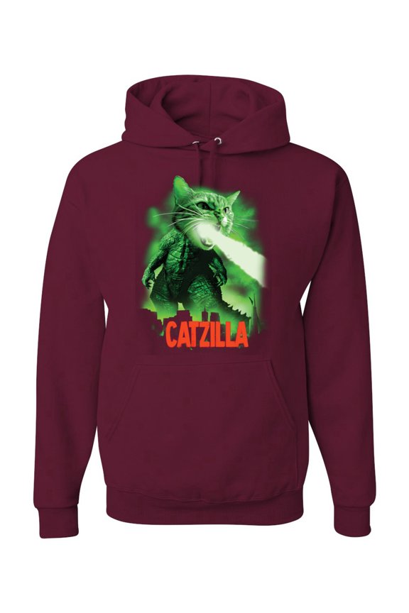 Catzilla Parody Taking Over City | Mens Cat Lover Hooded Sweatshirt Graphic Hoodie, Maroon, Large