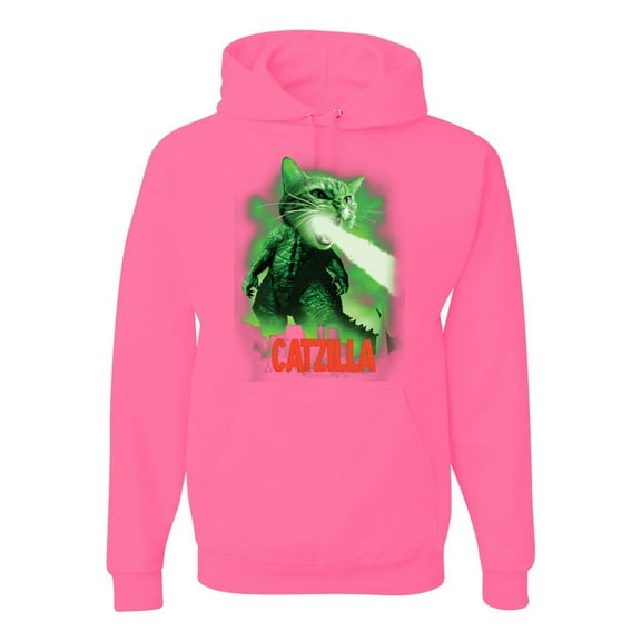 Catzilla Parody Taking Over City | Mens Cat Lover Hooded Sweatshirt Graphic Hoodie, Neon Pink, X-Large