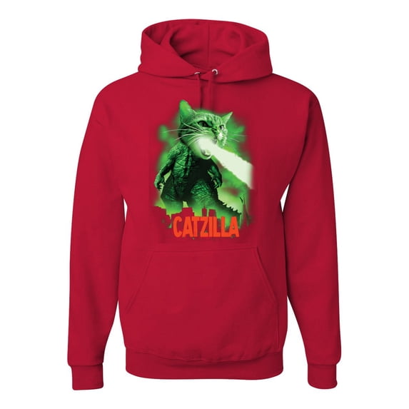 Catzilla Parody Taking Over City | Mens Cat Lover Hooded Sweatshirt Graphic Hoodie, Red, 3XL