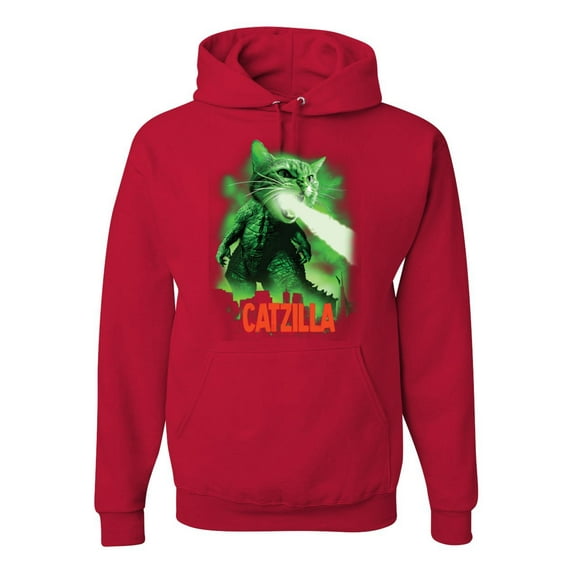 Catzilla Parody Taking Over City | Mens Cat Lover Hooded Sweatshirt Graphic Hoodie, Red, Small