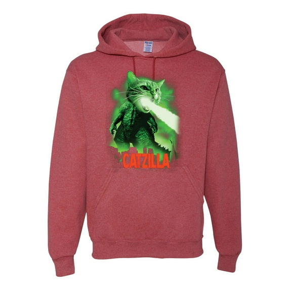 Catzilla Parody Taking Over City | Mens Cat Lover Hooded Sweatshirt Graphic Hoodie, Vintage Heather Red, Medium