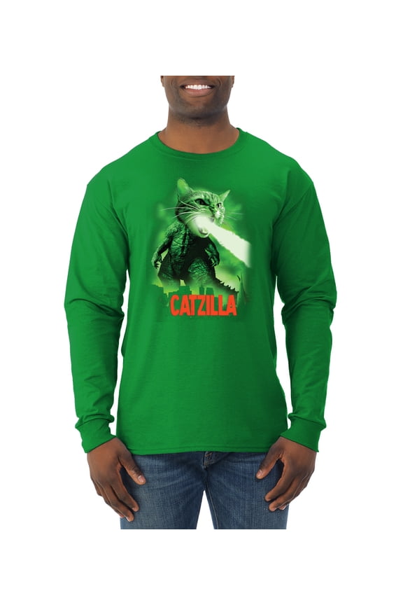 Catzilla Parody Taking Over City | Mens Cat Lover Long Sleeve T-Shirt, Kelly, 3XL