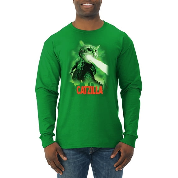 Catzilla Parody Taking Over City | Mens Cat Lover Long Sleeve T-Shirt, Kelly, Large